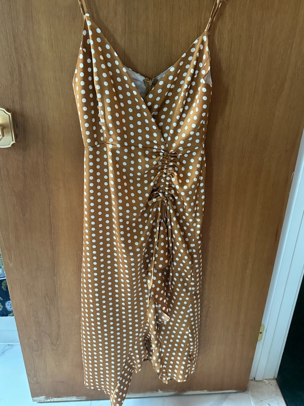 Spaghetti Strap Polka Dot Ruched Midi Dress - Camel/White